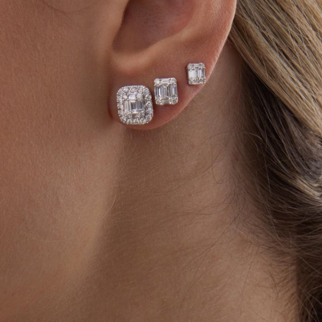 2.10 TCW Round & Baguette Moissanite Diamond Stud Earrings