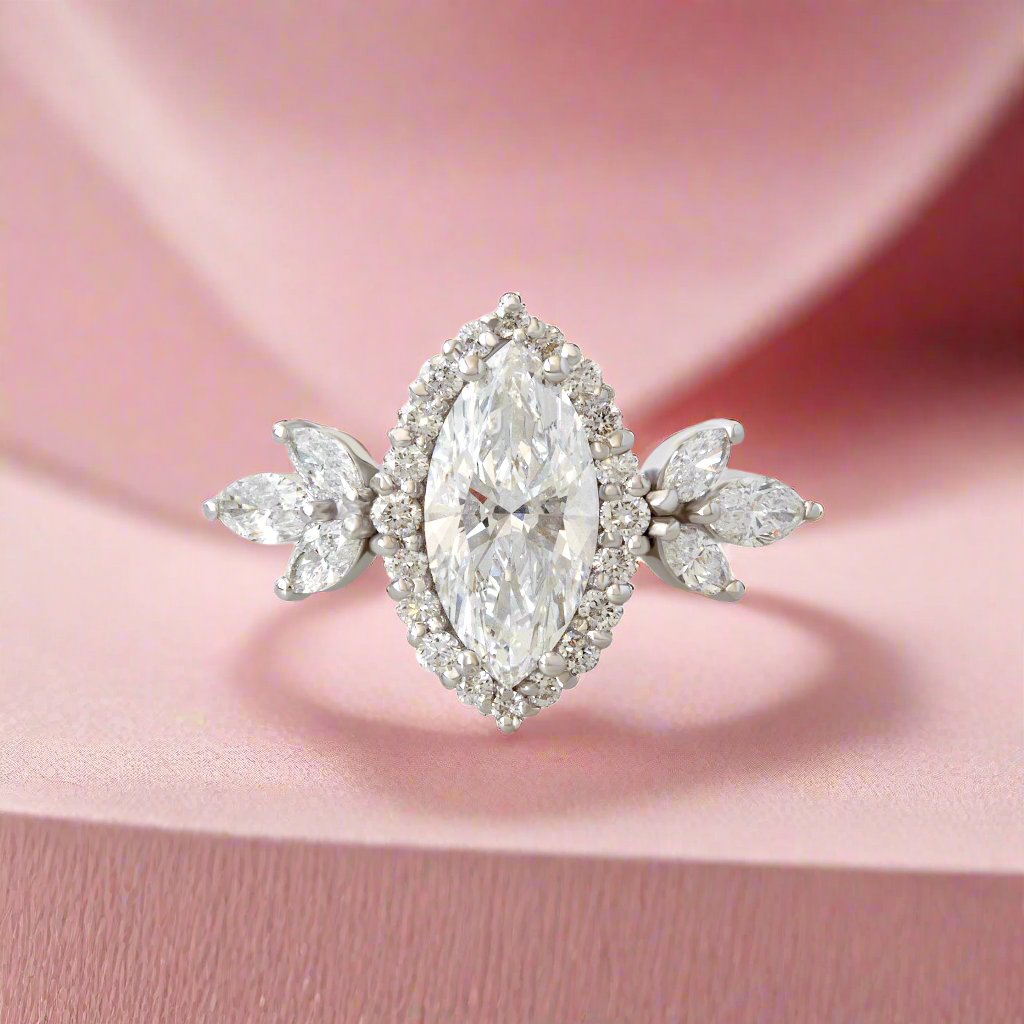 1.50 CT Marquise Moissanite Halo & Cluster Engagement Ring