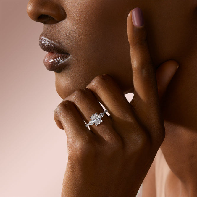 2.10 CT Oval Shaped Moissanite Three Stones Engagement Ring - crownmoissanite