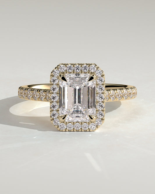 2.0 CT Emerald Cut Moissanite Halo & Pave Engagement Ring