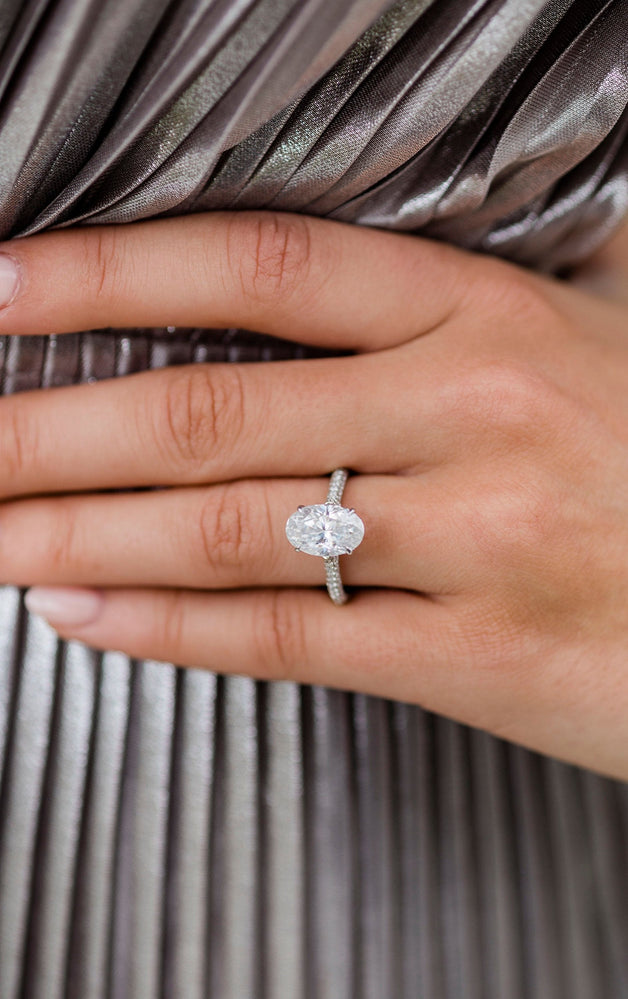 3.40 CT Oval Solitaire Hidden Halo & Pave Moissanite Engagement Ring - crownmoissanite