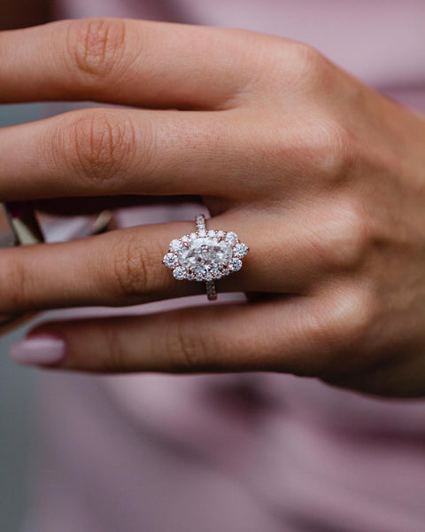 3.50 CT Oval Cluster Halo & Pave Moissanite Engagement Ring - crownmoissanite