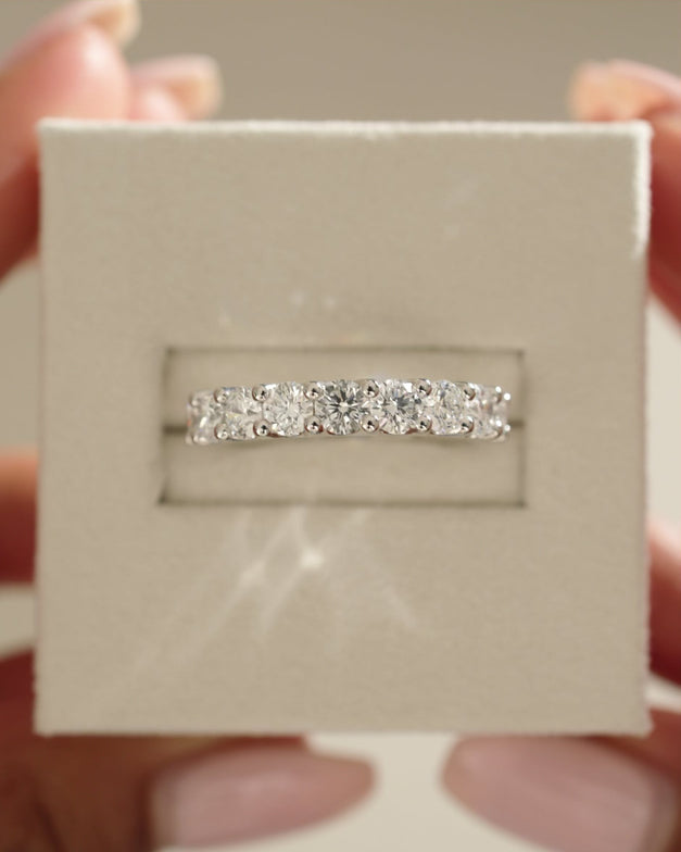 0.52 TCW round cut moissanite half eternity wedding band – classic and elegant gold ring with sparkling stones, perfect for bridal wear or stacking with engagement rings.