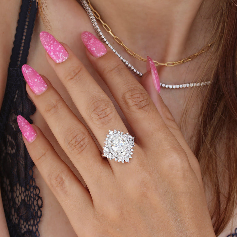 3.0 CT Oval Moissanite Double Halo Engagement Ring