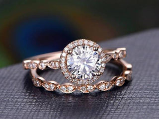 0.75 CT Round Halo Pave Moissanite Bridal Ring Set - crownmoissanite