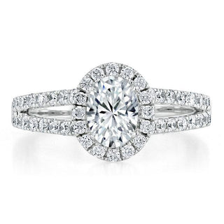 0.94 CT Oval Shaped Moissanite Halo Split Shank Engagement Ring - crownmoissanite