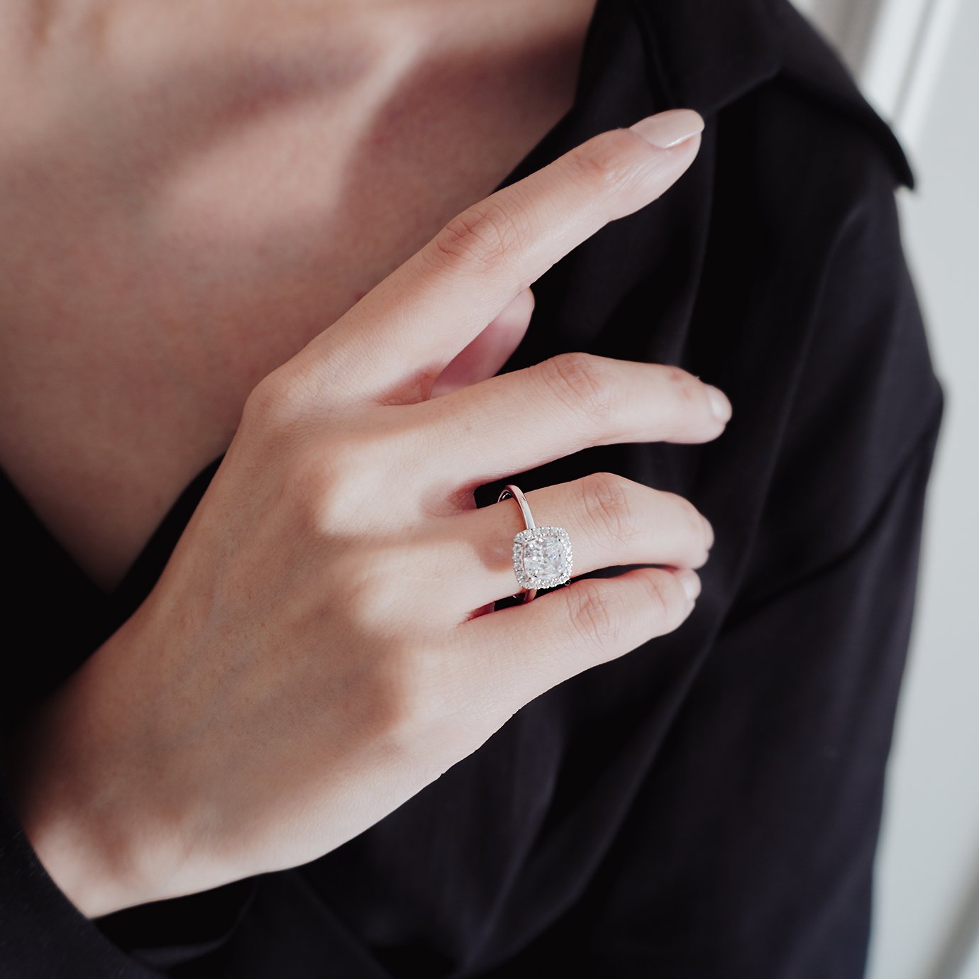 1.50 CT Cushion Shaped Moissanite Halo Engagement Ring - crownmoissanite