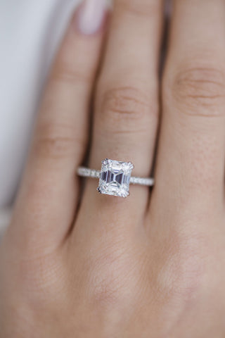 2.30 CT Asscher Solitaire Hidden Halo & Pave Moissanite Engagement Ring - crownmoissanite