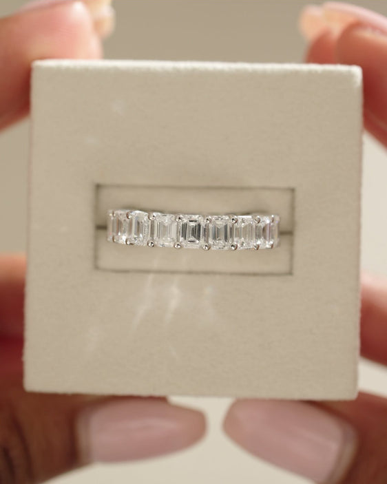 2.50 TCW emerald cut moissanite half eternity wedding band – bold and sophisticated gold ring with step-cut brilliance, perfect for statement bridal or stacking wear.