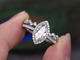 1.0 CT Marquise Cut Halo Moissanite Bridal Ring Set - crownmoissanite