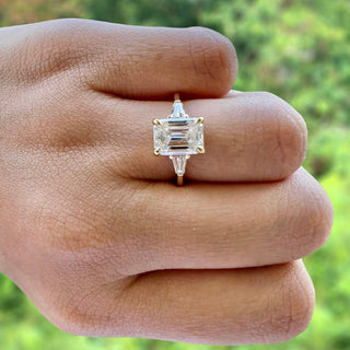 1.9 CT Emerald Cut Three Stone Moissanite Engagement Ring - crownmoissanite