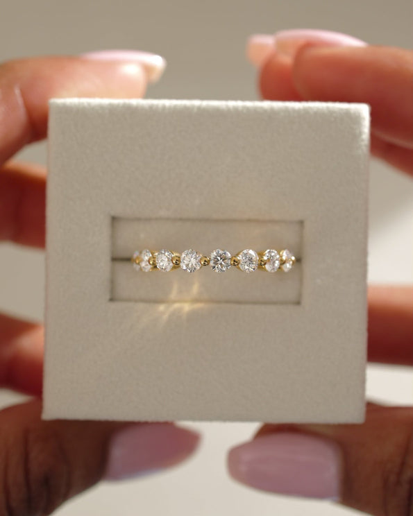 0.41 TCW round cut moissanite half eternity wedding band – classic and delicate gold band with sparkling stones, perfect for bridal stacking or everyday elegance.