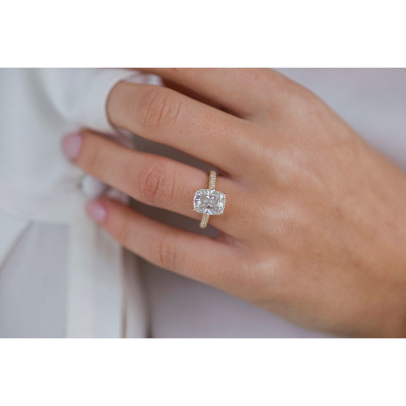 3.20 CT Elongated Cushion Solitaire Hidden Halo Moissanite Engagement Ring - crownmoissanite