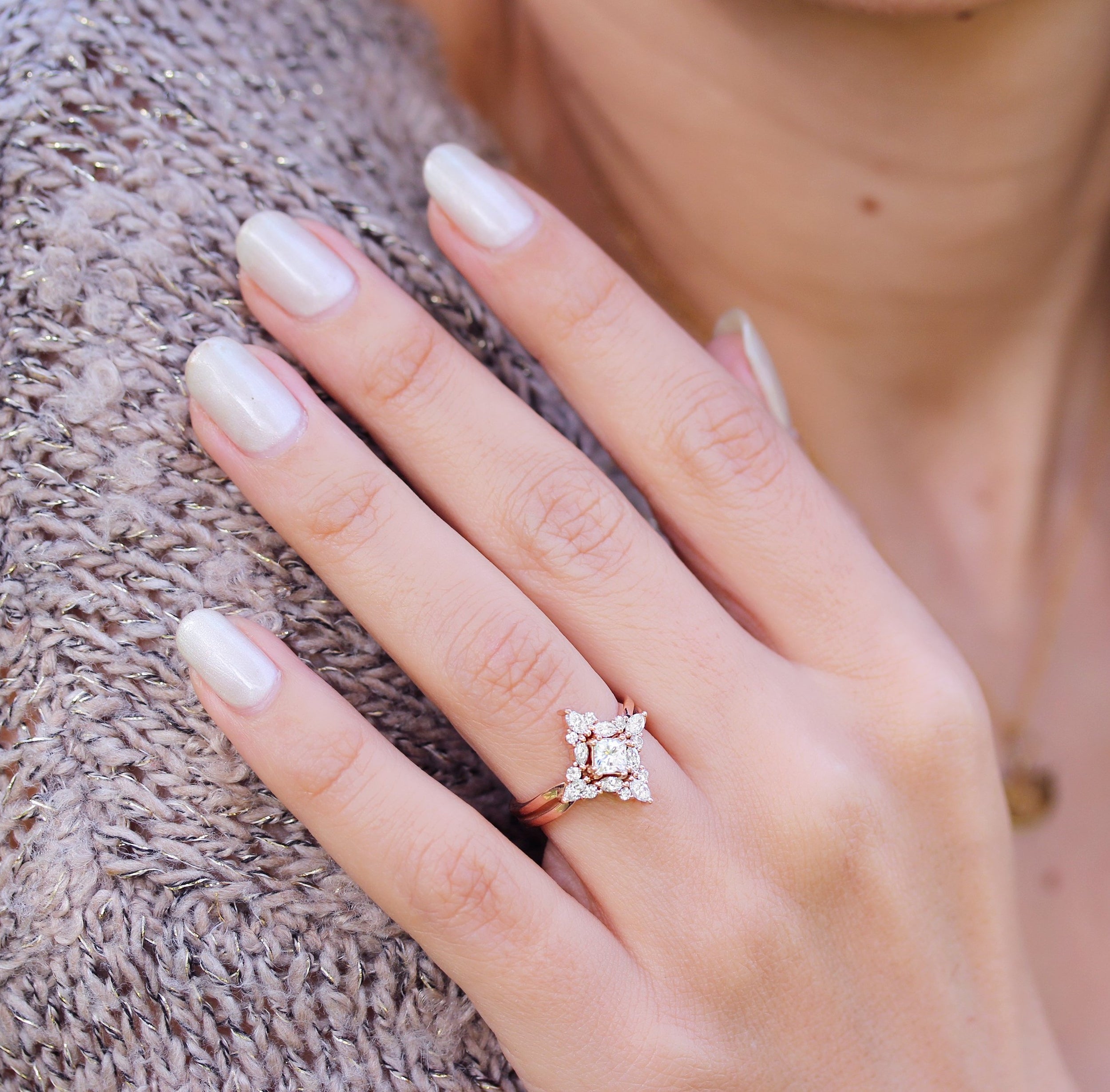 0.50 CT Princess Cut Halo Moissanite Bridal Ring Set