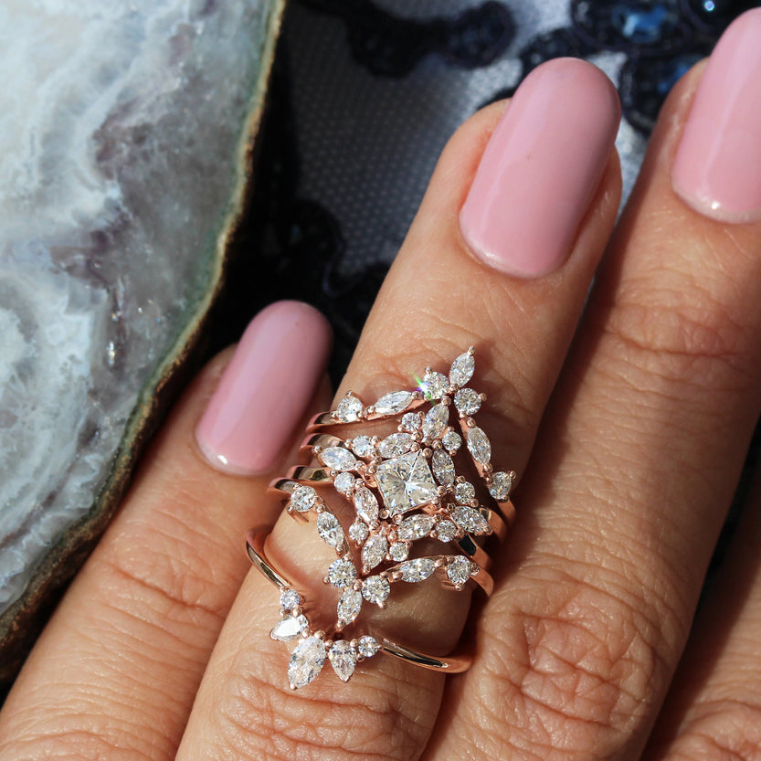 0.50 CT Princess Cut Halo Moissanite Bridal Ring Set