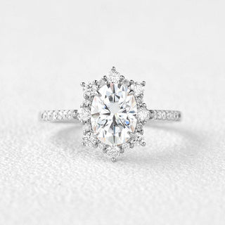 1.33 CT Oval Shaped Moissanite Cluster Halo Engagement Ring - crownmoissanite