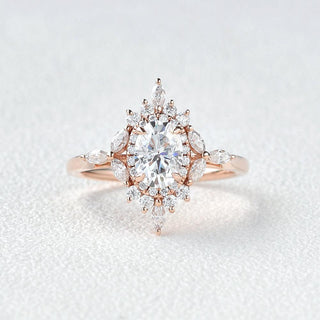 0.94 CT Oval Cut Cluster Vintage Moissanite Engagement Ring - crownmoissanite