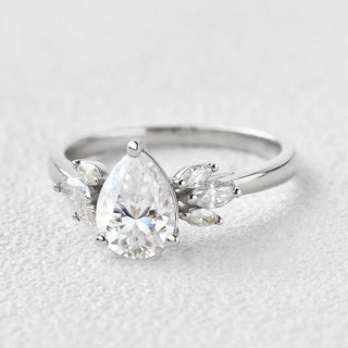 1.52 CT Pear Shaped Moissanite Cluster Engagement Ring - crownmoissanite