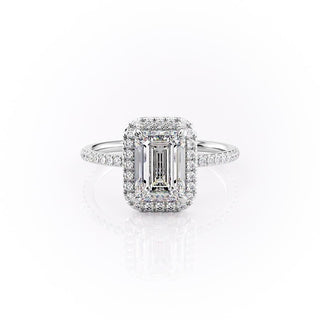 2.10 CT Emerald Cut Halo Pave Setting Moissanite Engagement Ring - crownmoissanite