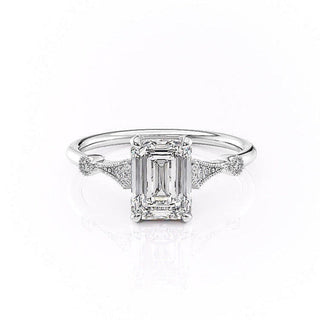 1.91 CT Emerald Cut Solitaire Milgrain Pave Set Moissanite Engagement Ring - crownmoissanite