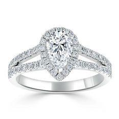0.75 CT Pear Cut Halo Split Shank Setting Moissanite Engagement Ring - crownmoissanite