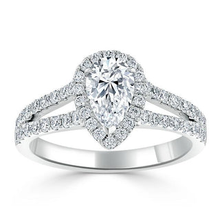 0.75 CT Pear Cut Halo Split Shank Setting Moissanite Engagement Ring - crownmoissanite