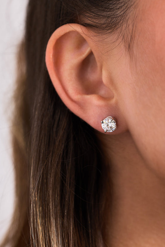 2.00 CT round cut moissanite earrings in a classic four-prong setting – brilliant and timeless gold studs, perfect for bridal elegance or everyday sophistication.