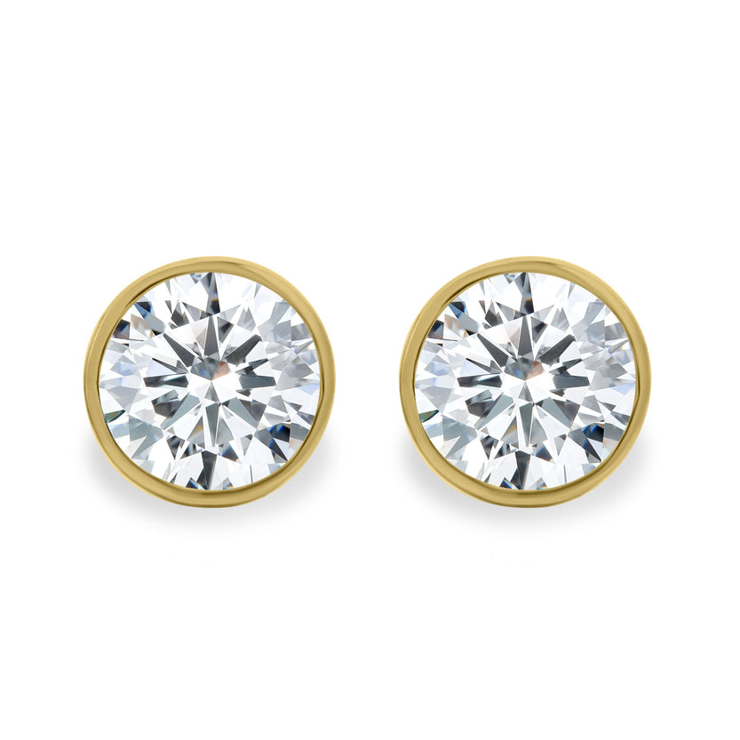 2.00 CT round cut moissanite earrings with bezel prong setting – elegant gold studs combining secure design with brilliant sparkle, ideal for bridal or everyday luxury.
