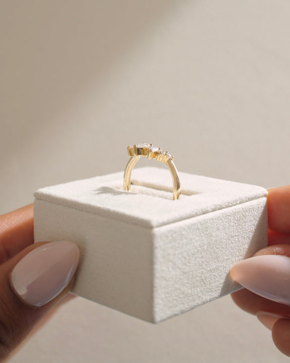 0.71 TCW pear and round cut moissanite wedding band in a regal crown-style design – sparkling and elegant gold ring, perfect for bridal stacking or statement wear.