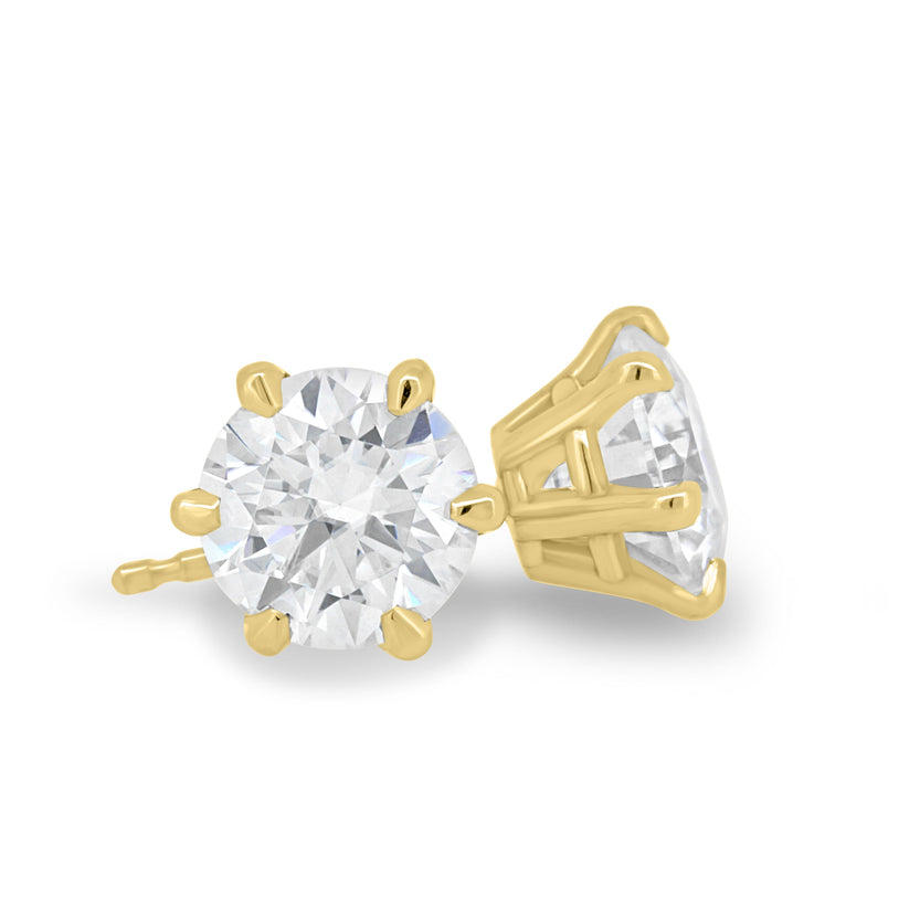 2.00 TCW round cut moissanite stud earrings – timeless and brilliant gold studs, ideal for classic bridal looks or everyday elegance.