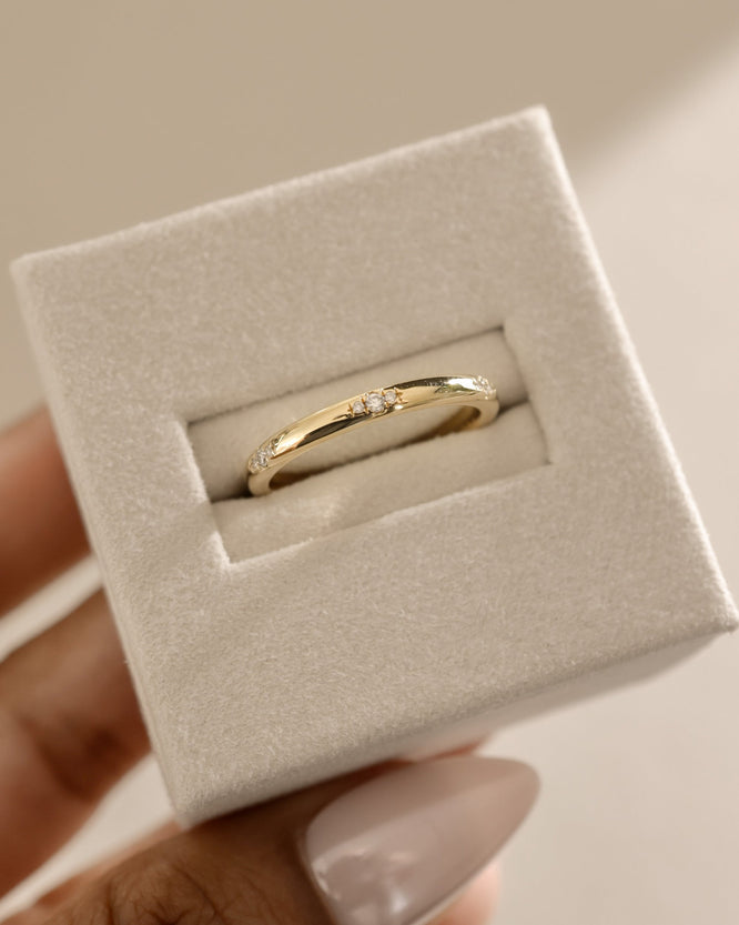 0.10 TCW round cut moissanite flush-set wedding band – sleek and minimalist gold ring with subtle sparkle, ideal for modern bridal or everyday wear.