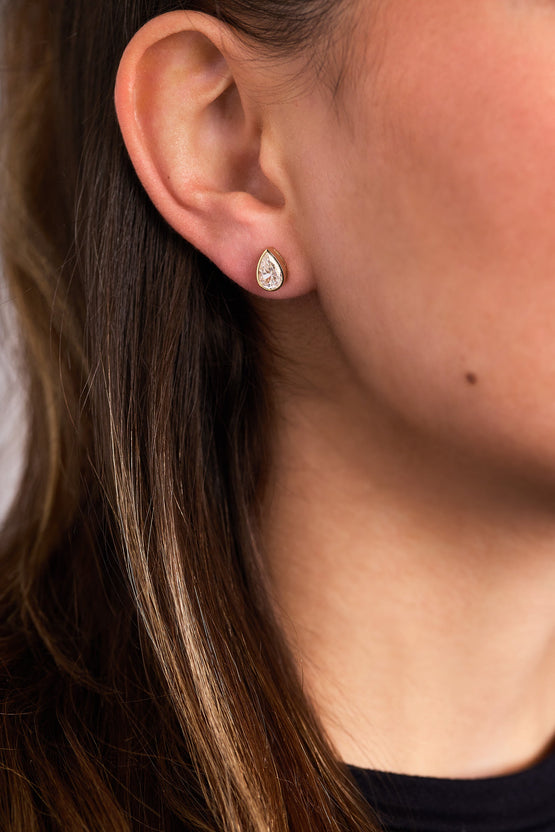 2.00 CT pear cut moissanite bezel set earrings – elegant and secure gold studs with a modern twist, perfect for bridal sparkle or everyday luxury.