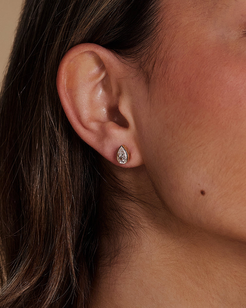 2.00 CT pear cut moissanite bezel set earrings – elegant and secure gold studs with a modern twist, perfect for bridal sparkle or everyday luxury.