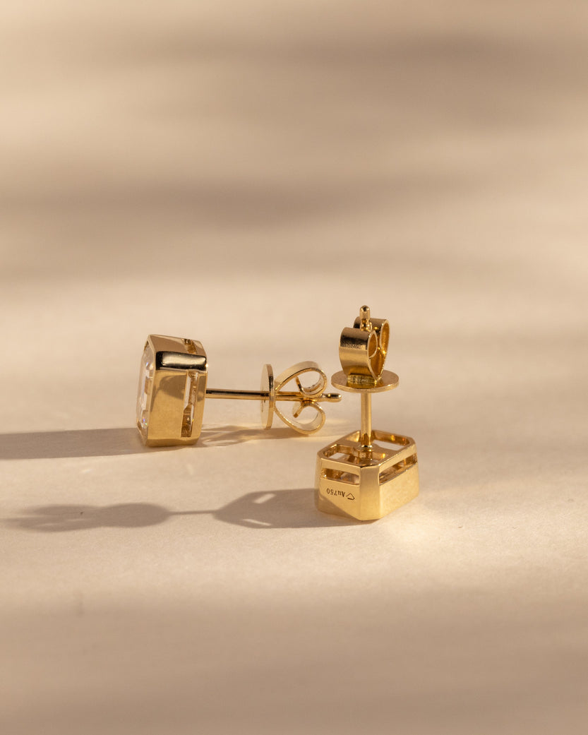 2.00 TCW emerald cut moissanite bezel set earrings – sleek and sophisticated gold studs featuring step-cut stones, perfect for modern bridal or everyday luxury.