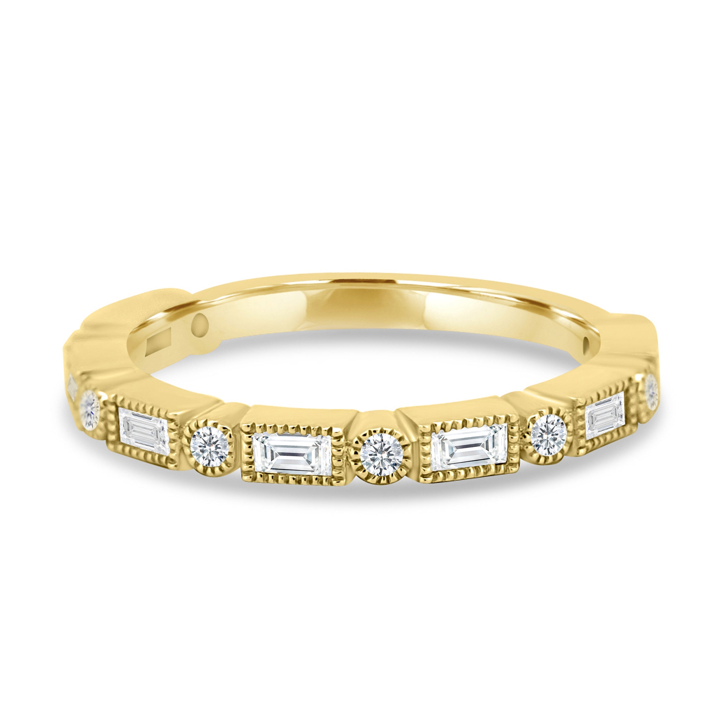 0.40 TCW round and emerald cut moissanite wedding band with vintage-inspired milgrain detailing – elegant gold ring combining classic charm with timeless sparkle.