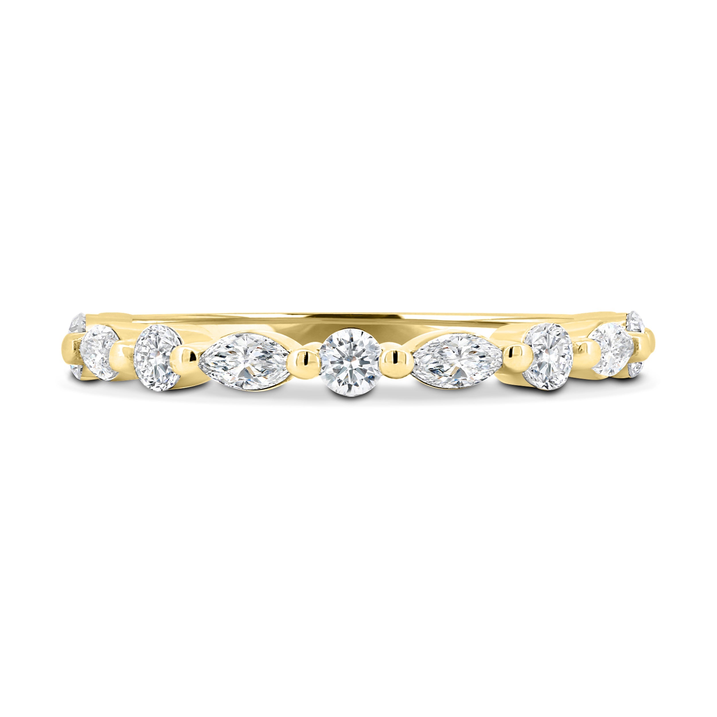 1.15 TCW marquise and round cut moissanite half eternity wedding band – elegant alternating design in polished gold, perfect for bridal stacking or standalone sparkle.