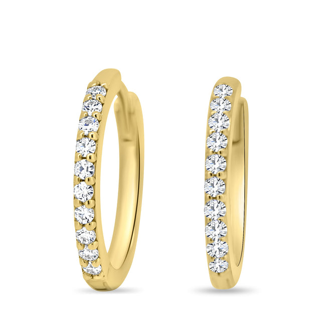 0.30 TCW round cut moissanite huggie hoop earrings – delicate and sparkling gold mini hoops, perfect for everyday elegance or bridal layering.