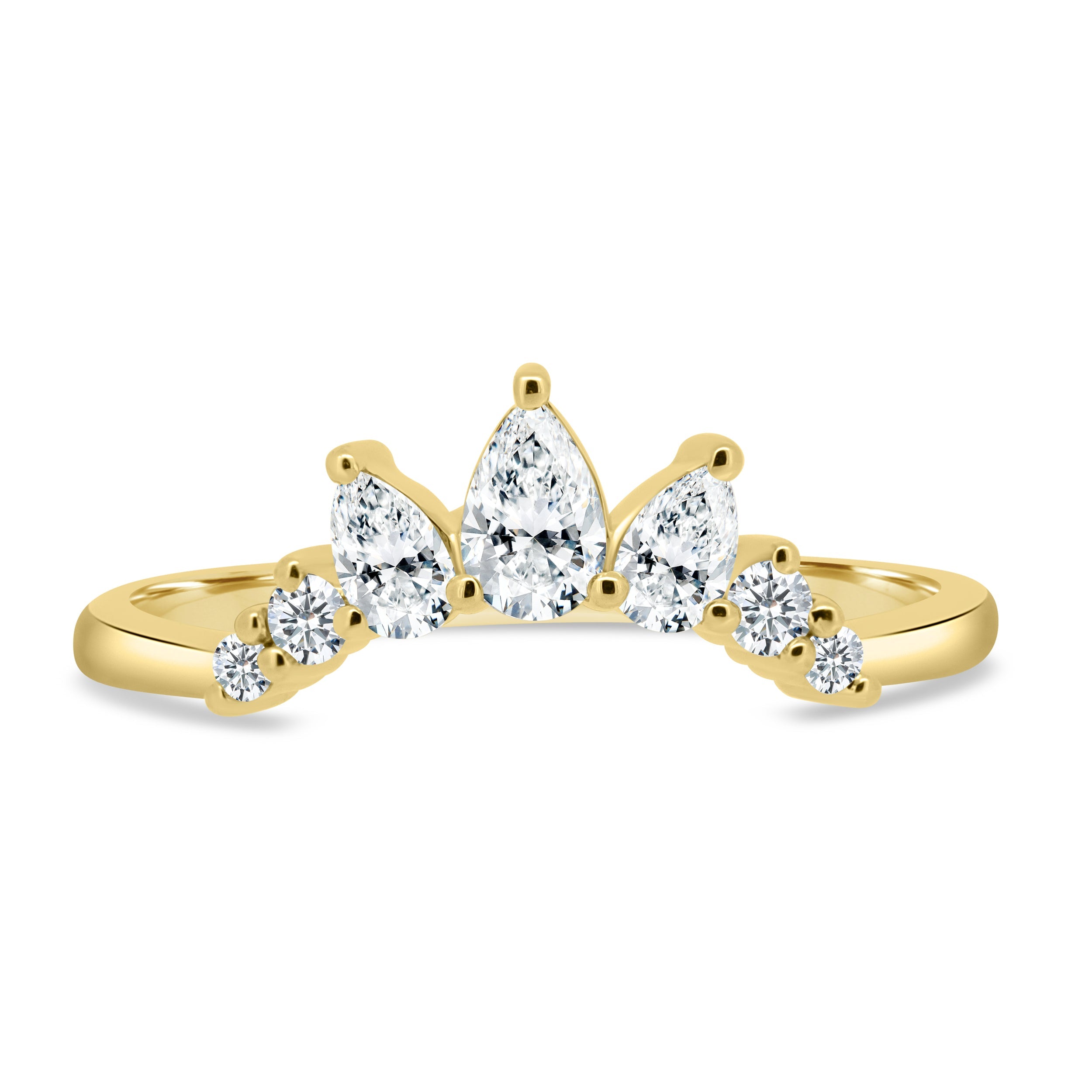 0.71 TCW pear and round cut moissanite wedding band in a regal crown-style design – sparkling and elegant gold ring, perfect for bridal stacking or statement wear.