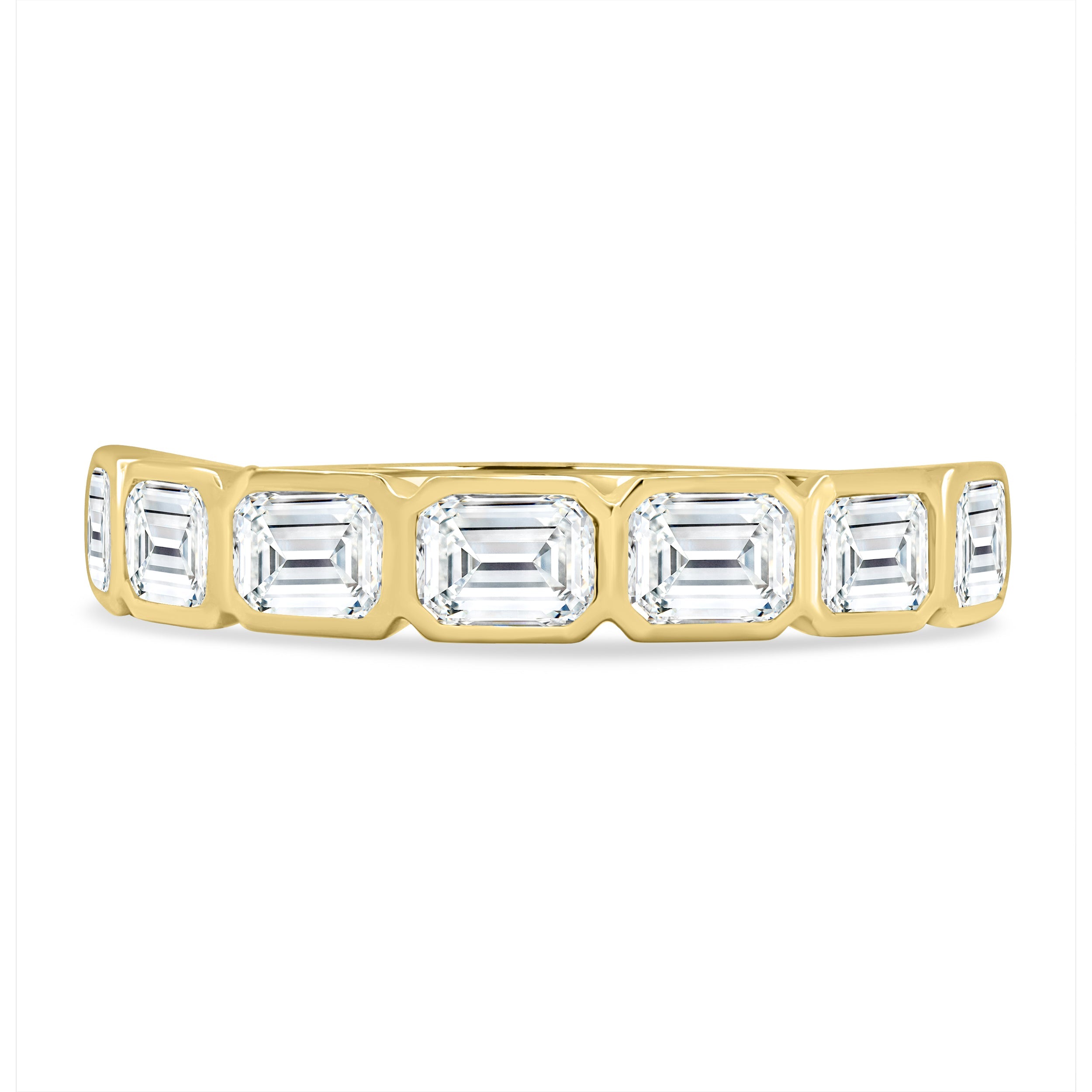 1.05 TCW emerald cut moissanite wedding band with bezel setting – sleek and sophisticated gold ring featuring step-cut stones, perfect for modern bridal or stacking style.