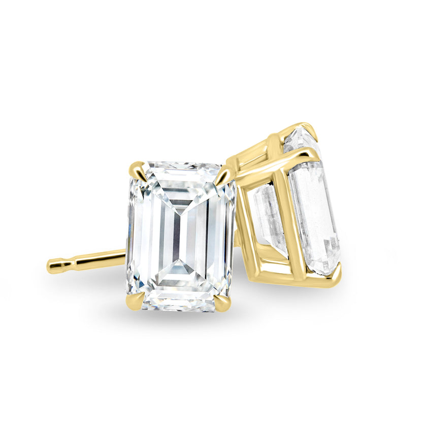 2.00 TCW emerald cut moissanite stud earrings – timeless and elegant diamond alternative set in polished gold, perfect for everyday luxury or special occasions.