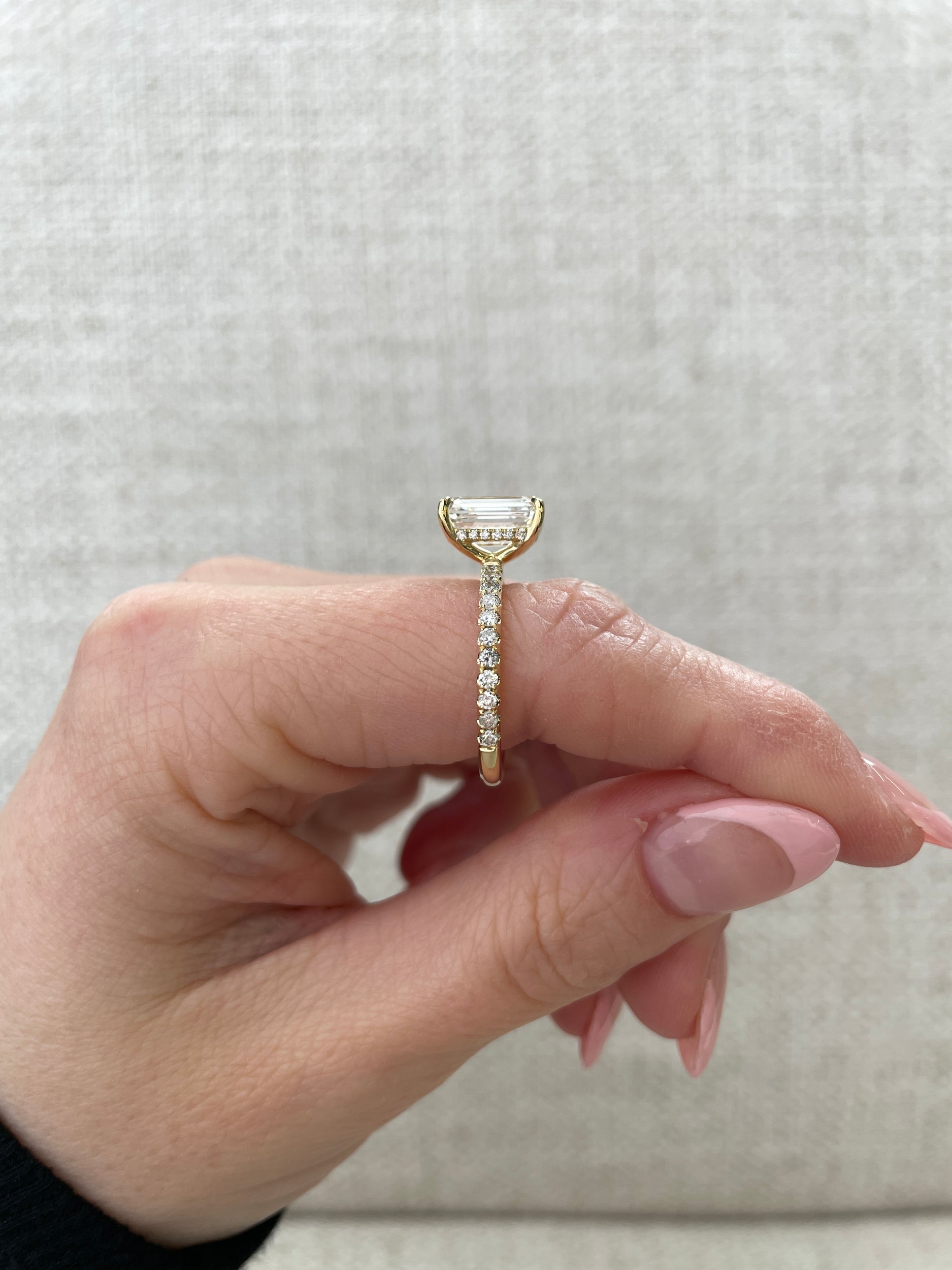 2.64 CT Emerald Cut Moissanite Hidden Halo & Pave Engagement Ring