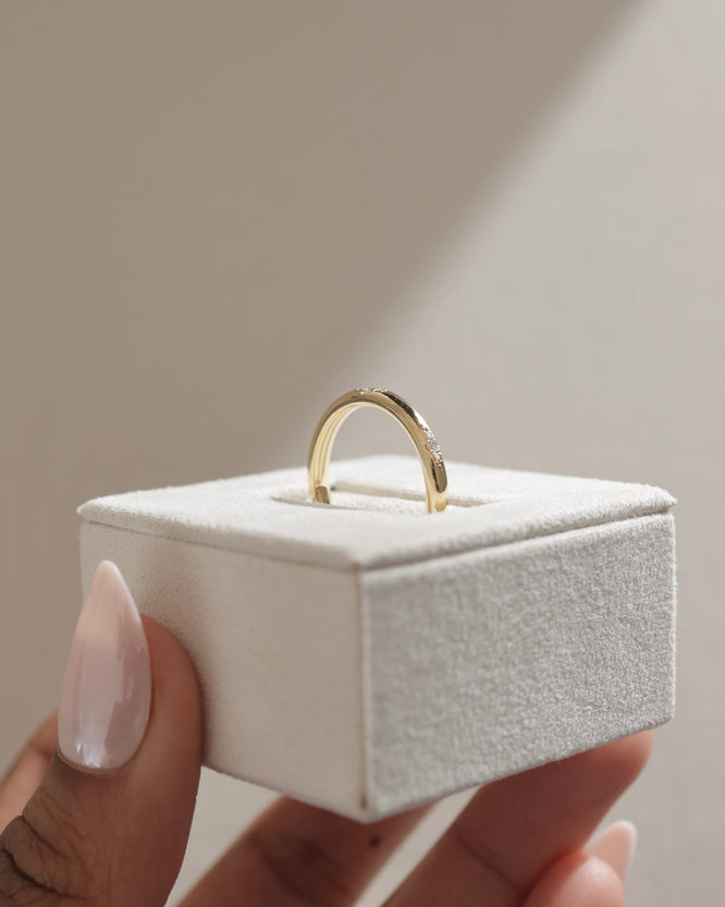 0.10 TCW round cut moissanite flush-set wedding band – sleek and minimalist gold ring with subtle sparkle, ideal for modern bridal or everyday wear.