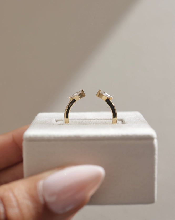 0.4 TCW kite cut moissanite open-style wedding band – contemporary and edgy design in polished gold, perfect for stacking or pairing with statement engagement rings.