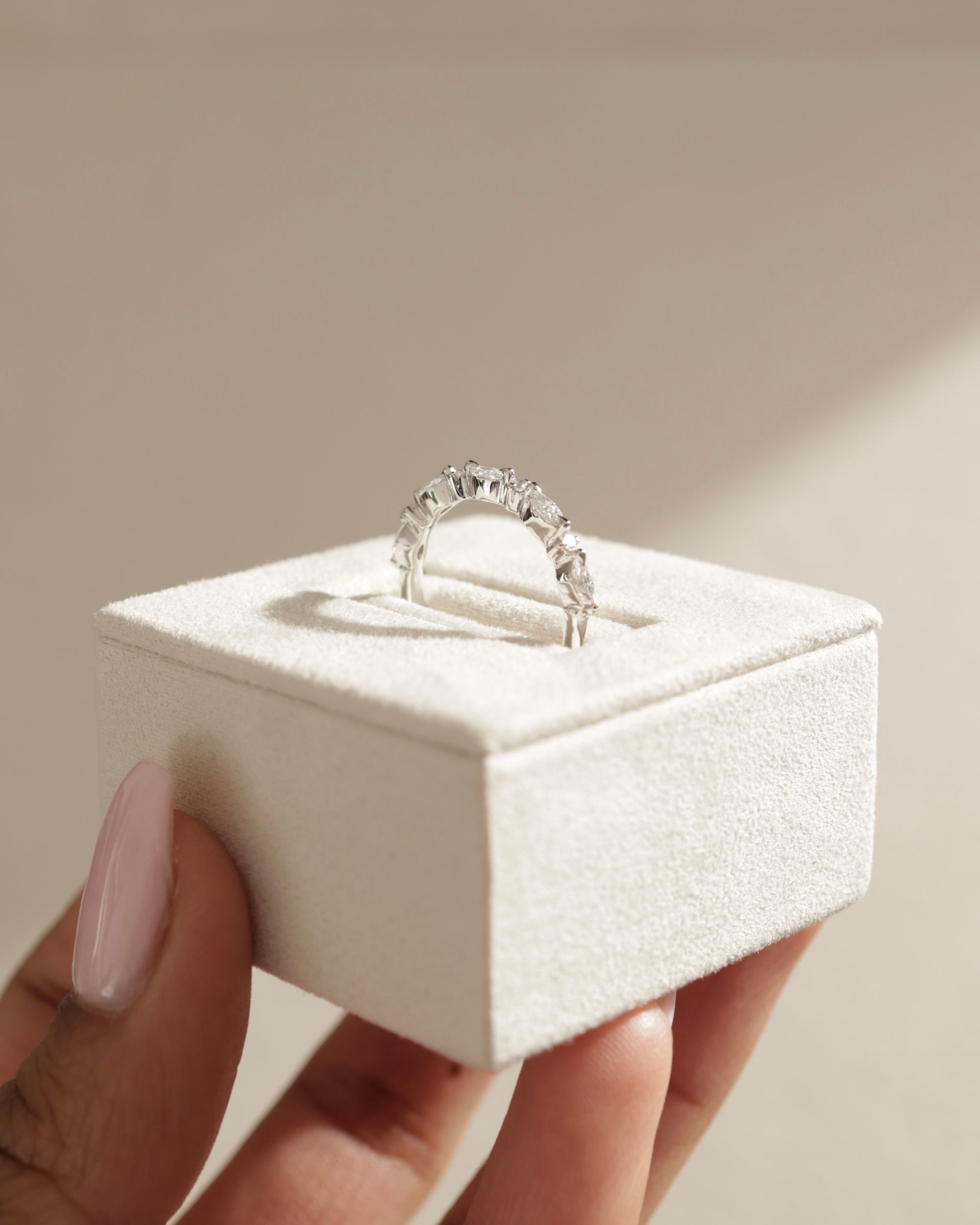 0.41 TCW marquise and round cut moissanite half eternity wedding band – elegant alternating design in polished gold, perfect for stacking or bridal wear.