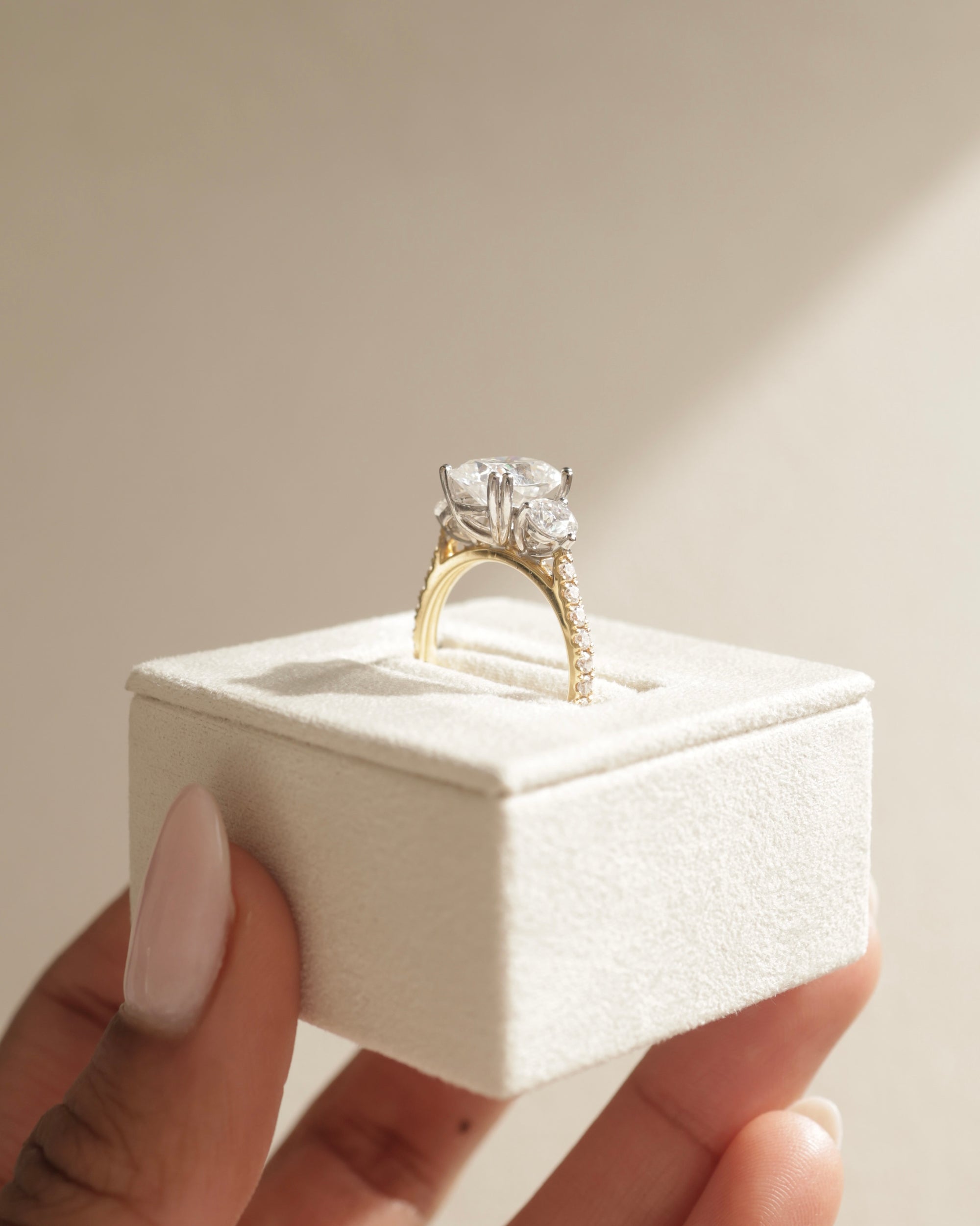 2.65 CT Cushion Cut Moissanite Three Stone & Pave Engagement Ring