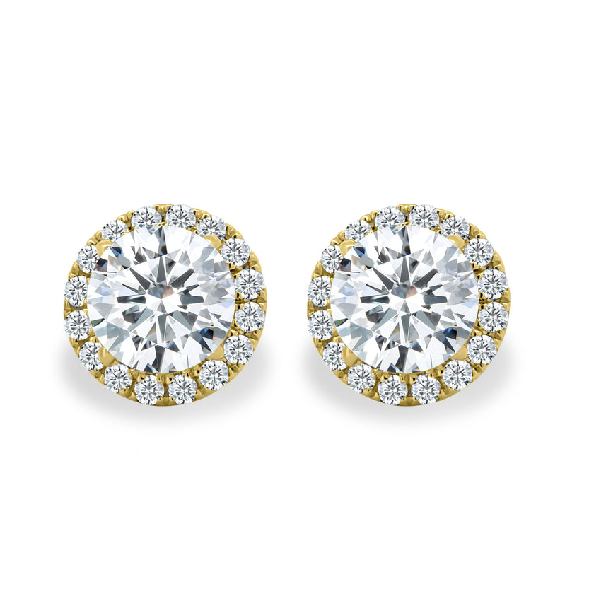 2.00 CT round cut moissanite halo earrings – classic gold studs surrounded by a sparkling halo design, perfect for bridal elegance or timeless everyday wear.