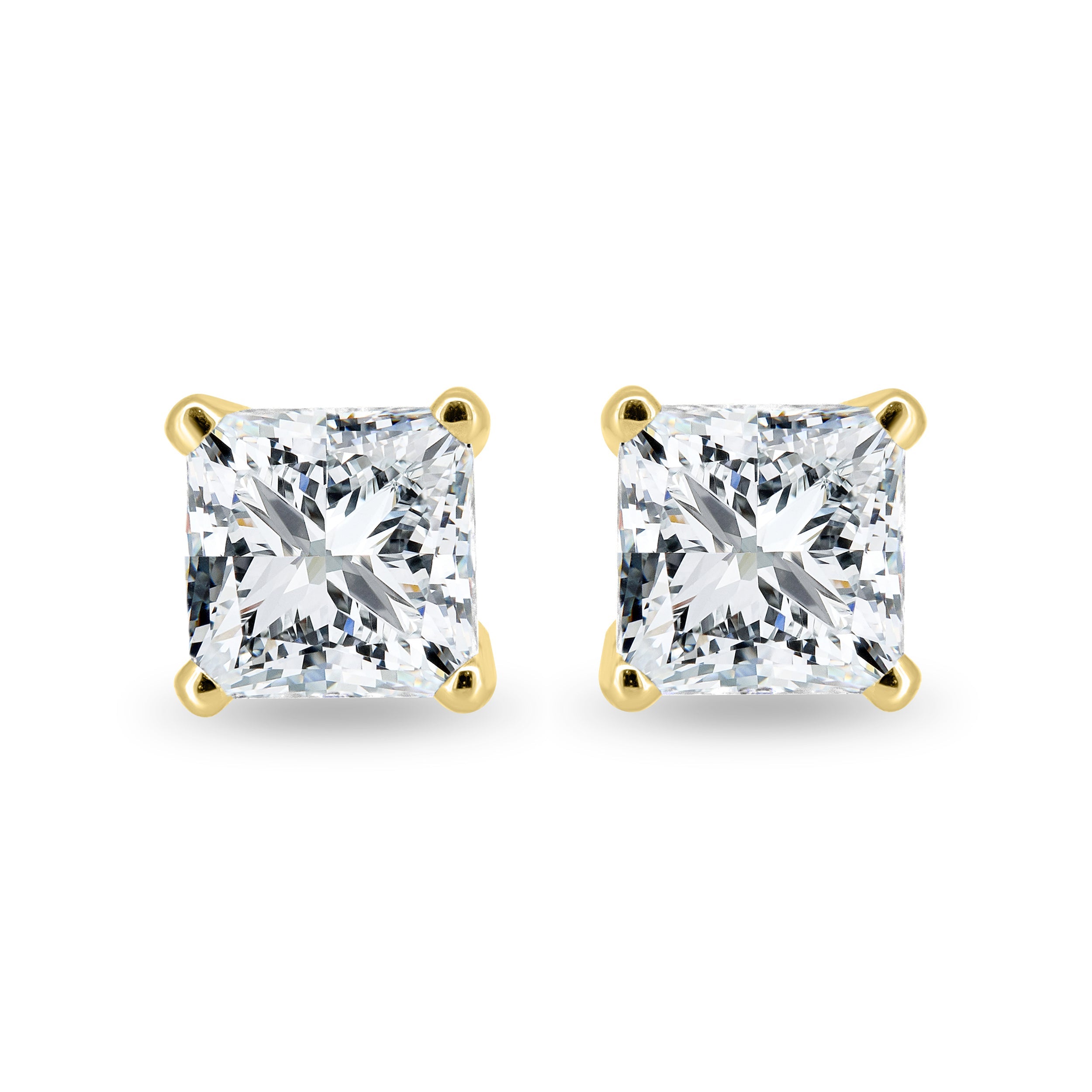 2.00 CT princess cut moissanite earrings in a four-prong setting – sleek and modern gold studs offering brilliant sparkle, perfect for elegant bridal or everyday wear