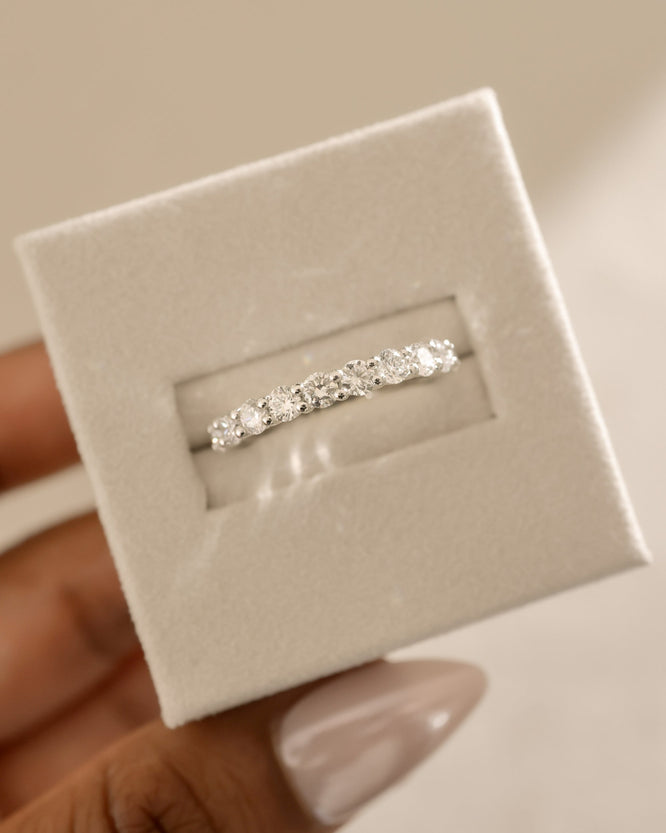 1.00 TCW round cut moissanite half eternity wedding band – classic and sparkling gold band, perfect for bridal wear, stacking, or anniversary gifting.