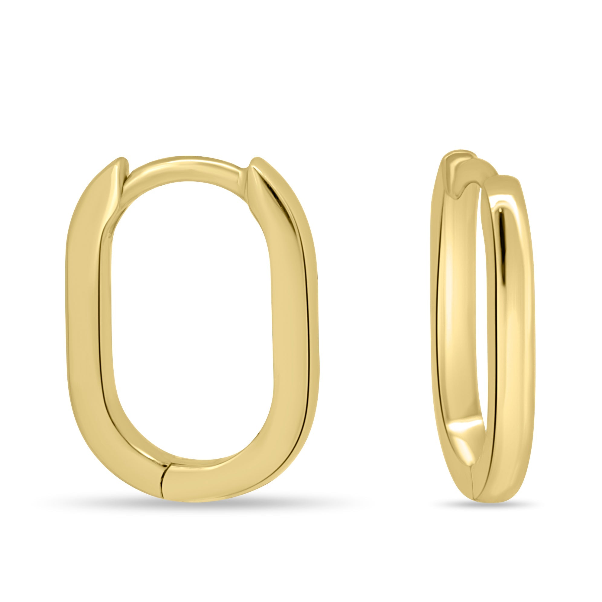 Plain elongated oval hoop earrings with a smooth polished finish – modern and minimalist gold design, perfect for everyday wear or elegant layering.