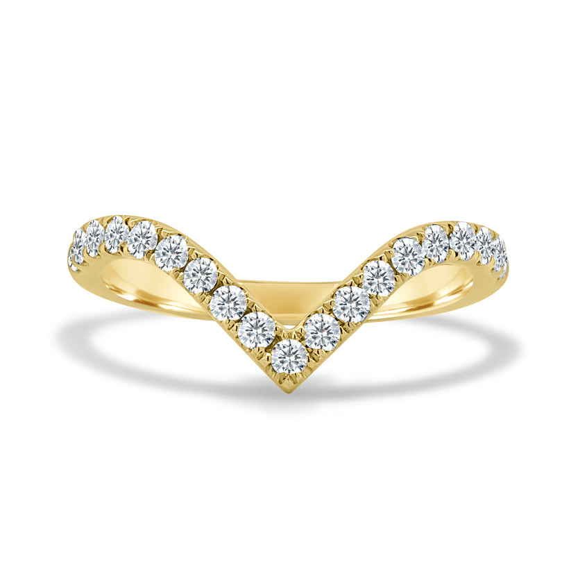 0.38 TCW round cut moissanite V-shaped curved wedding band – elegant bridal ring designed to pair perfectly with engagement rings, crafted in polished gold.